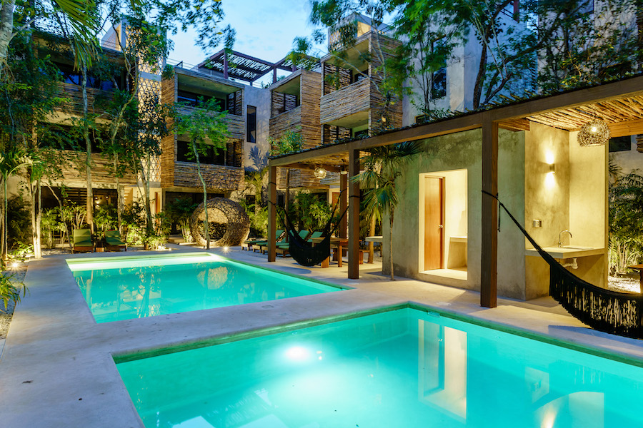 A Tulum condos for sale Sukha PH common areas dusk